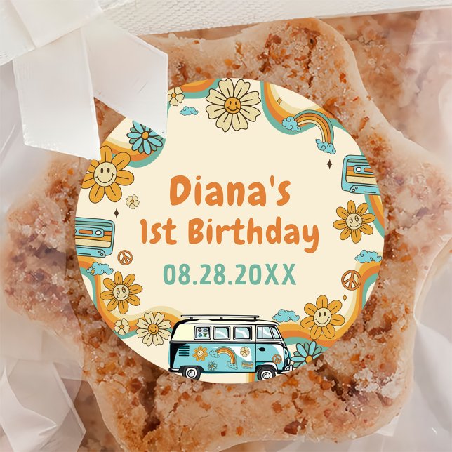 Adesivo Redondo Um Groovy Babe Retro primeiro aniversario Arco-Íri (Criador carregado)