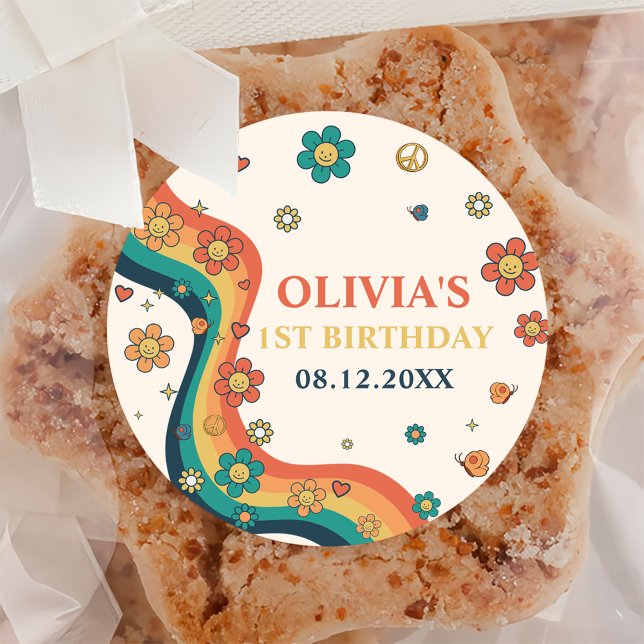 Adesivo Redondo Um Groovy Babe Retro primeiro aniversario Arco-Íri (Criador carregado)