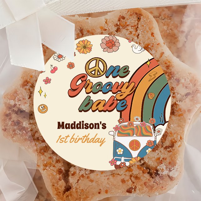 Adesivo Redondo Um Groovy Babe Retro primeiro aniversario Arco-Íri (Criador carregado)
