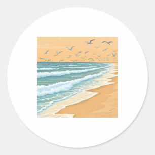 Adesivo Redondo um grupo de gaivotas sobrevoando uma praia com ond