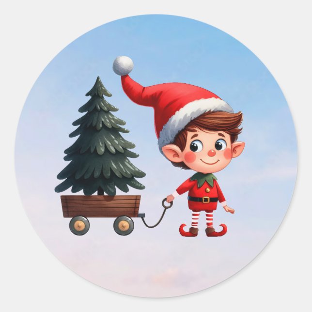 Adesivo Redondo Um lindo Elfo de Natal puxando uma carroça com uma (Frente)