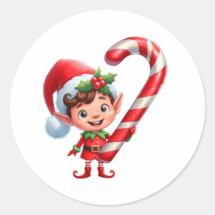 Adesivo Redondo Um lindo Elfo de Natal segurando uma bengala gigan