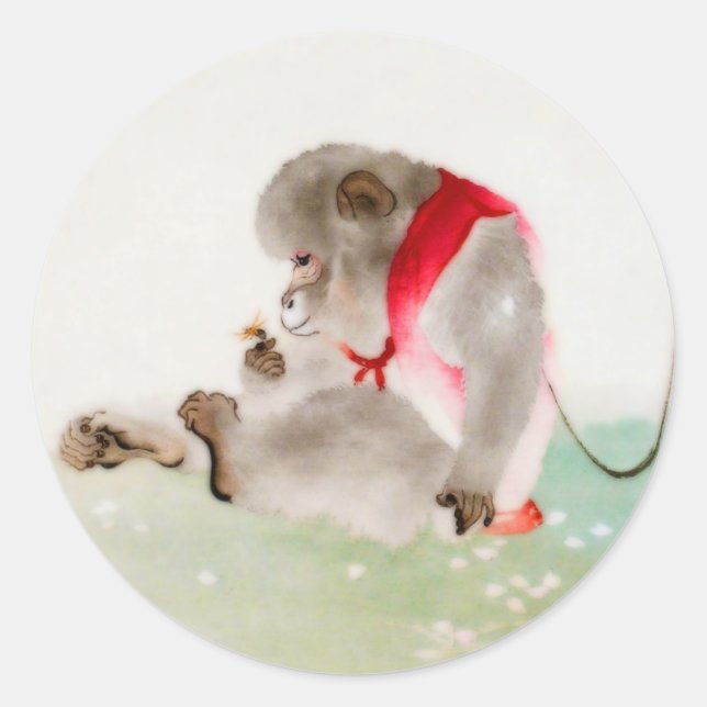 Adesivo Redondo Um Macaco Sentado Observando Um Inseto (Frente)
