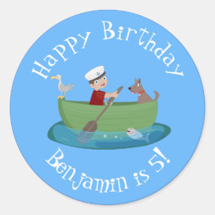 Adesivo Redondo Um marinheiro e um cartoon de barco a remos de um 
