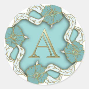 Adesivo Redondo Um monograma, fundo azul-turquesa decorativo