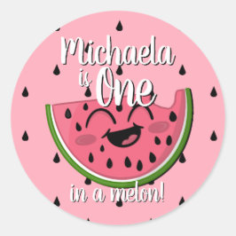 Adesivo Redondo Um na Melon Watermelon Girl Primeiro, Rosa de Aniv