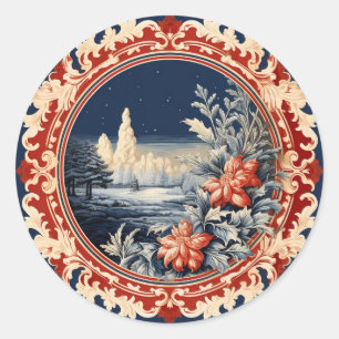 Adesivo Redondo Um Natal Floral Azul e Vermelho Elegante