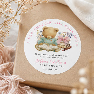 Adesivo Redondo Um Novo Capítulo Urso Menina Livro Chá de Bebê Obr