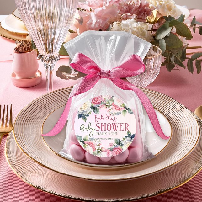Adesivo Redondo Um Pequeno Chá de fraldas De Garota Floral De Rosa (Pink Rose Floral Bouquets Girl Baby Shower Large Round Favor Stickers -- A Little Rose Collection)