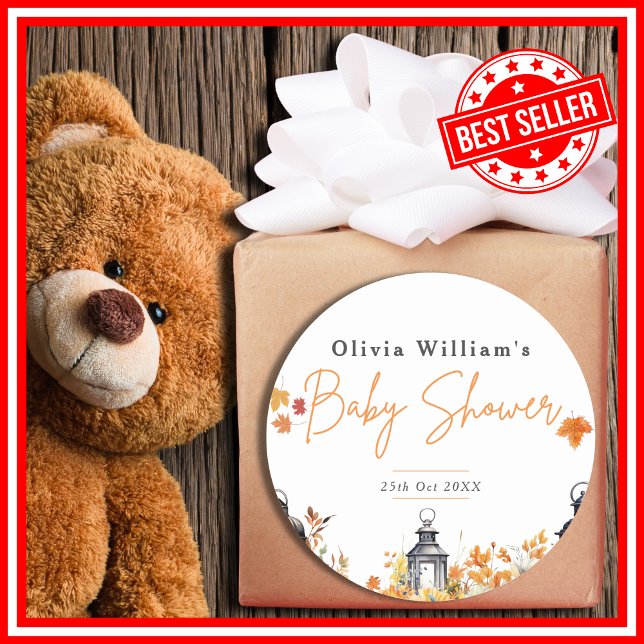 Adesivo Redondo Um Pequeno Chá de fraldas de outono de Abóbora (A Little Pumpkin is on the Way Fall Autumn Floral Baby Shower Classic Round Sticker)