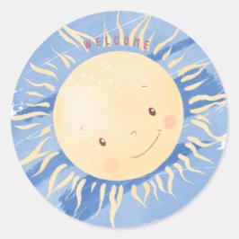 Adesivo Redondo Um Pequeno Chá de fraldas Personalizado Do Céu Sol