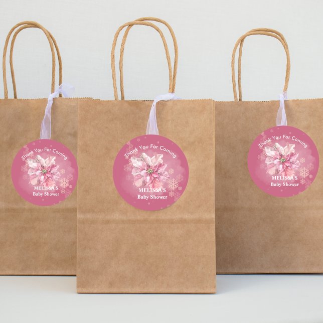 Adesivo Redondo Um Pequeno Floco de Neve Rosa Poinsettia Rosa obri (Criador carregado)