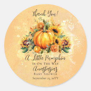 Adesivo Redondo Um Pequeno Pumpkin   Girassóis Queda Chá de fralda