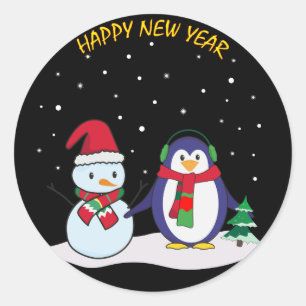 Adesivo Redondo Um pinguim e um boneco de neve, Feliz ano novo!