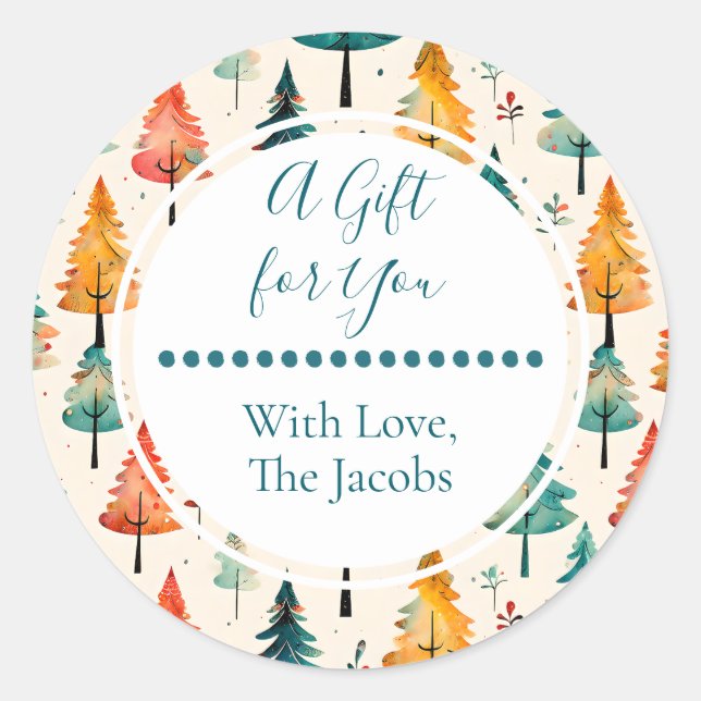 Adesivo Redondo Um presente para você | Pinheiros com Aquarela Nat (Frente)