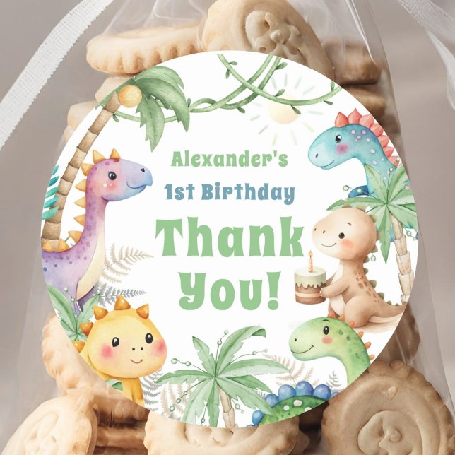 Adesivo Redondo Um primeiro aniversario A-Saurus Boy Dinosaur (Criador carregado)