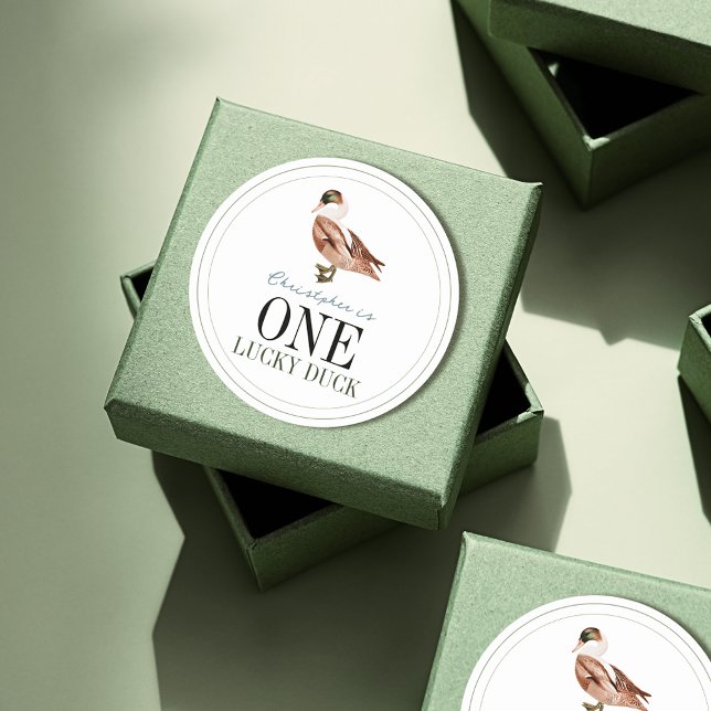 Adesivo Redondo Um primeiro aniversario Clássico de Duque Sortudo (One Lucky Duck 1st Birthday Sticker)