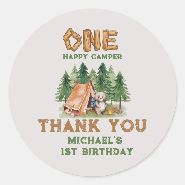 Adesivo Redondo Um primeiro aniversario de Aquarela Feliz Camper W (Frente)