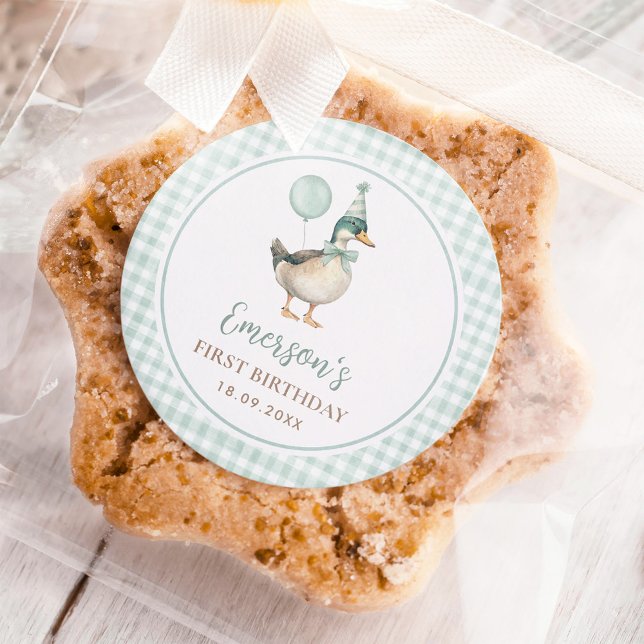 Adesivo Redondo Um primeiro aniversario de Balão Verde de Pato Sor (Criador carregado)