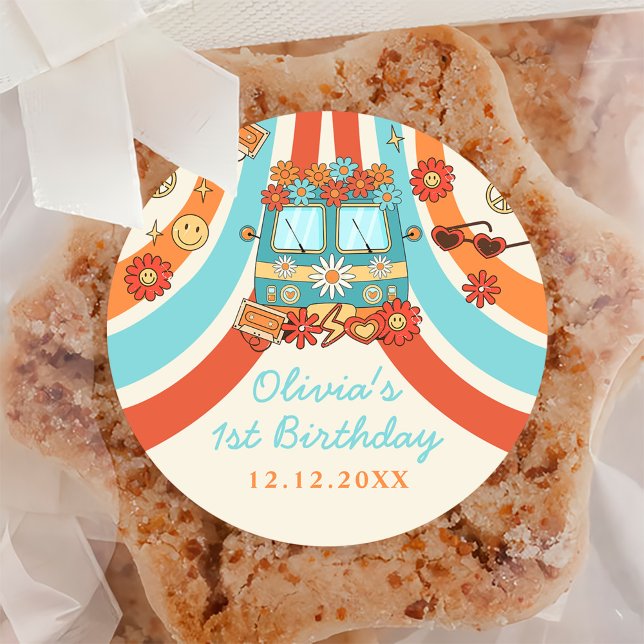 Adesivo Redondo Um primeiro aniversario Retro Arco-Íris de Groovy (Criador carregado)