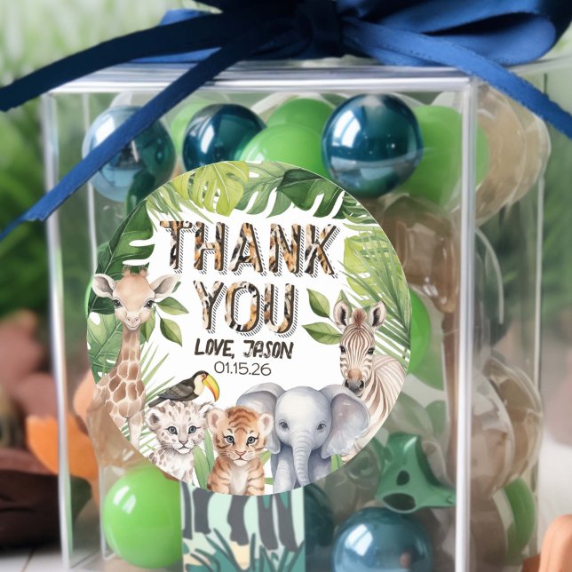 Adesivo Redondo Um primeiro aniversario Safari selvagem obrigado v (Safari themed birthday thank you favor stickers.)