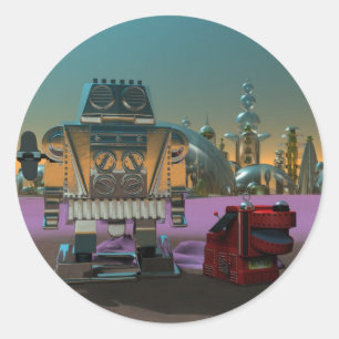 Adesivo Redondo Um robô e seu bastão de cachorro