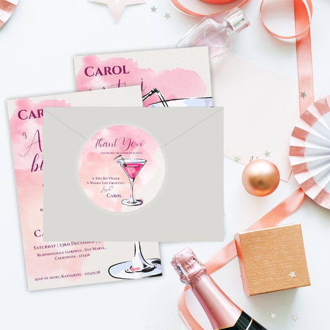 Adesivo Redondo Um Tini Um Pouco Mais Velho Pink Martini Aniversár (A Tini Bit Older Pink Martini Birthday Thank You Classic Round Sticker)