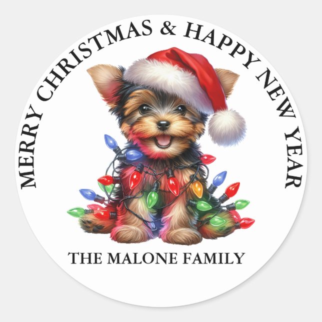 Adesivo Redondo Um Yorkshire Terrier Christmas Adventure (Frente)