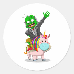 Adesivo Redondo Um Zombie verde está montando um Unicórnio rosa fo