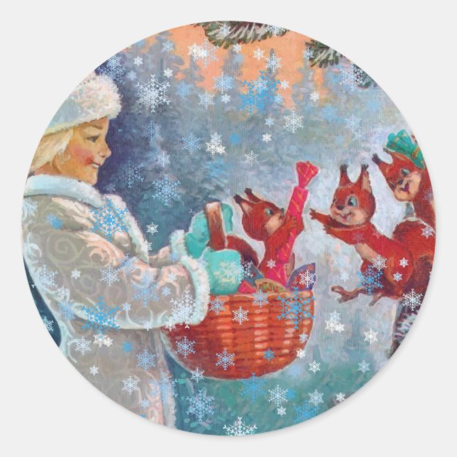 Adesivo Redondo Uma Bonito garota e esquilos no Natal (Frente)