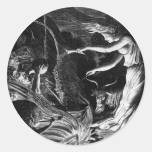 Adesivo Redondo Uma Bruxa Em Seu Caldeirão, Cercada Por J Wellcom