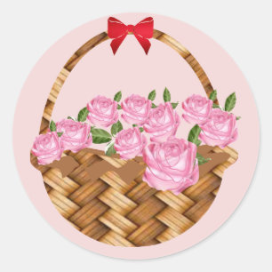 Adesivo Redondo Uma Cesta de Rosas Rosadas