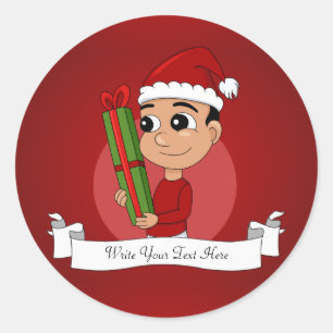 Adesivo Redondo Uma criança bonita segurando um presente de Natal