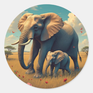 Adesivo Redondo Uma doce mãe sentimental e elefante bebê