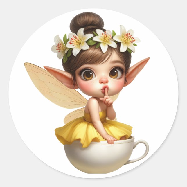 Adesivo Redondo Uma fada mágica em uma xícara de chá (Frente)