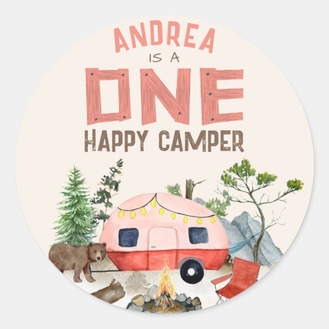 Adesivo Redondo Uma Feliz Camper Woodland Girls primeiro aniversar (Frente)