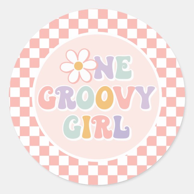 Adesivo Redondo Uma garota da Groovy, Pink Daisy Checker (Frente)