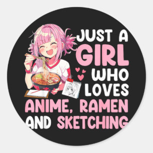 Adesivo Redondo Uma garota que ama ramen de anime e esboços de ani