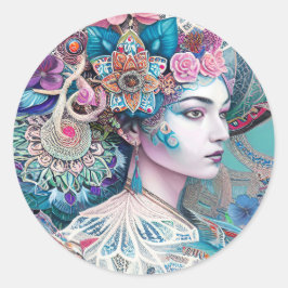 Adesivo Redondo Uma Mulher Adornada com Elaborado Touca de Renda