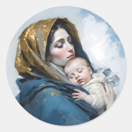 Adesivo Redondo Uma pintura de Mãe Maria e Bebê Jesus