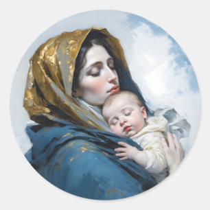 Adesivo Redondo Uma pintura de Mãe Maria e Bebê Jesus