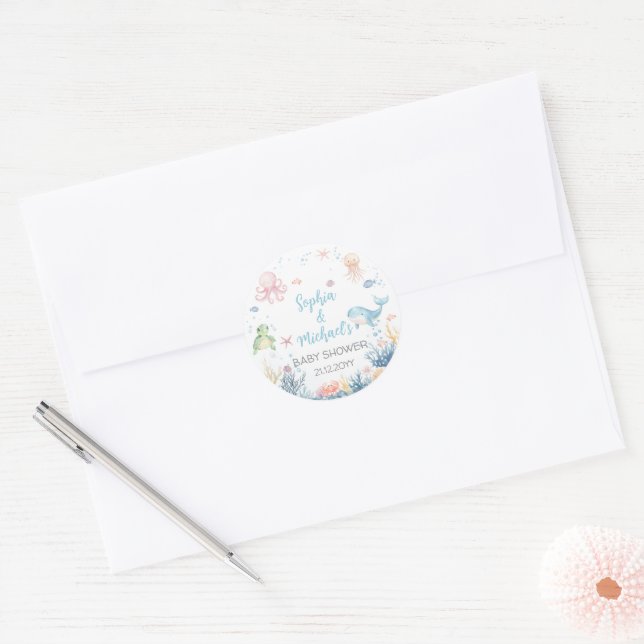 Adesivo Redondo Under the Sea baby shower cupcake topper (Envelope)