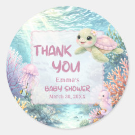 Adesivo Redondo Under the Sea Turtle Girl Baby Shower Thank You