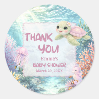Adesivo Redondo Under the Sea Turtle Girl Baby Shower Thank You