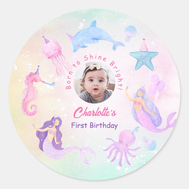 Adesivo Redondo  Undersea Mermaid Girl 1st Birthday Party  (Frente)