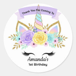 Adesivo Redondo Unicorn 1st Birthday Party Favor Sticker