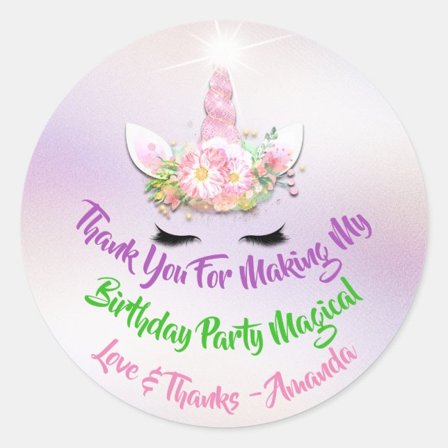 Adesivo Redondo Unicorn Aniversário Favor Rosa Spark Dourado Azul  (Frente)