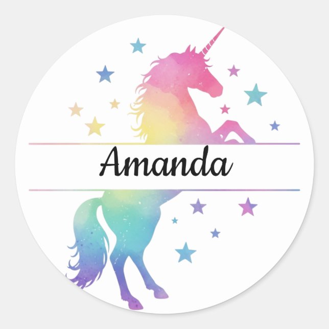 Adesivo Redondo Unicorn Birthday Party Favor Name Sticker (Frente)