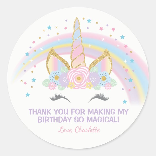 Adesivo Redondo Unicorn Birthday Star Favor Stickers (Frente)