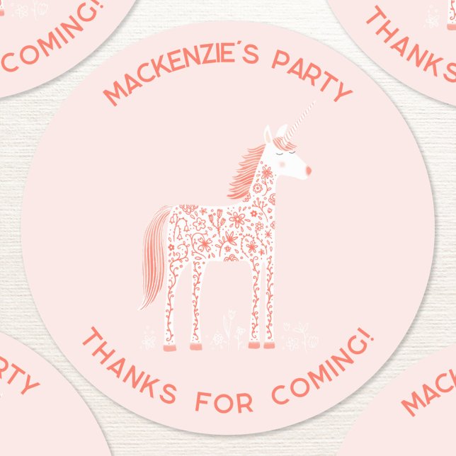 Adesivo Redondo Unicorn Blush Pink Aniversário Obrigado (Fun unicorn blush pink custom text personalized kids birthday party thank you sticker)